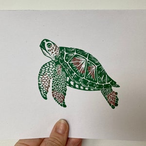 Sea turtle, original linocut print, silver leaf embellished
