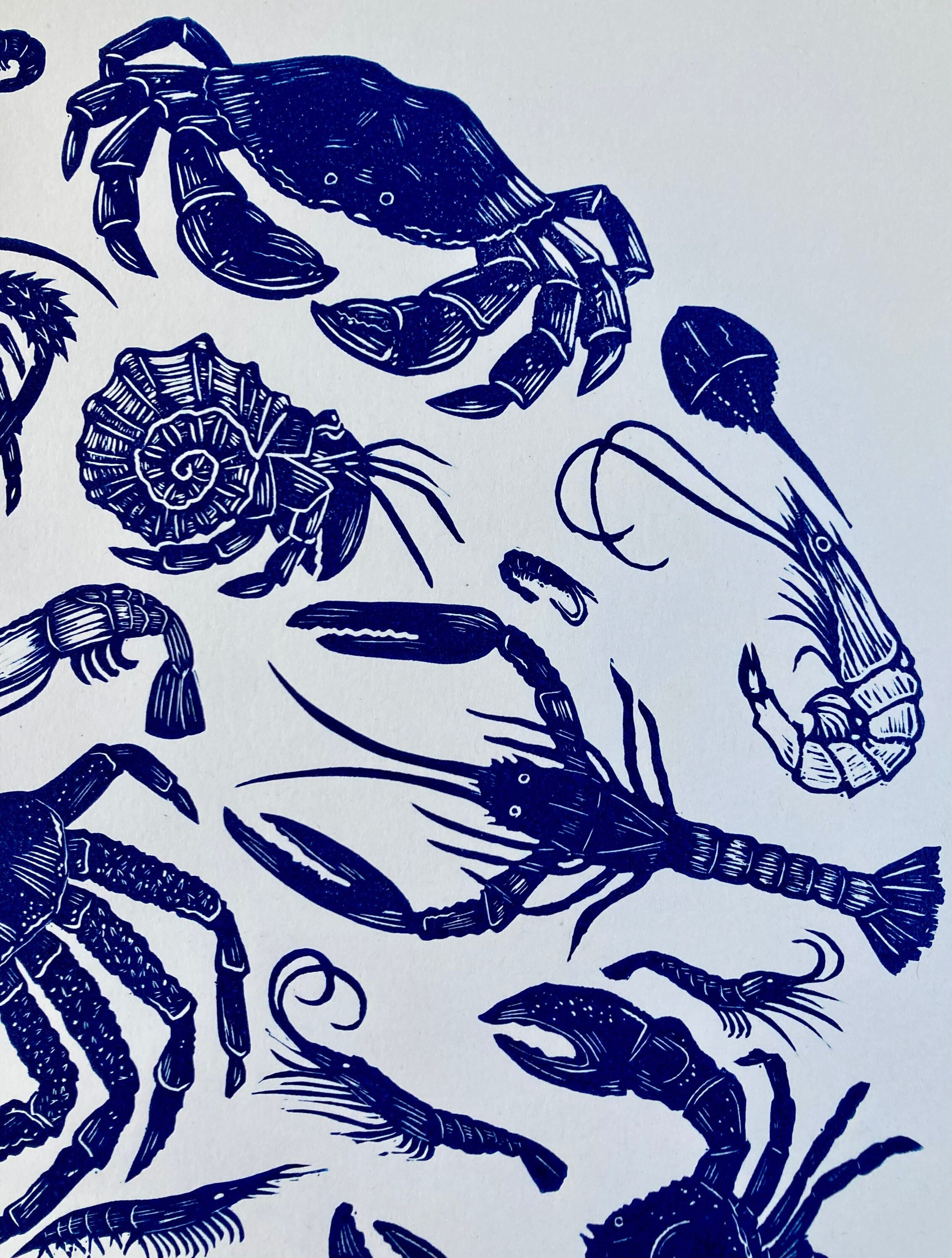 Crustacean Circle, Original Linocut Print, Lobster, Crabs, Shrimp - Etsy