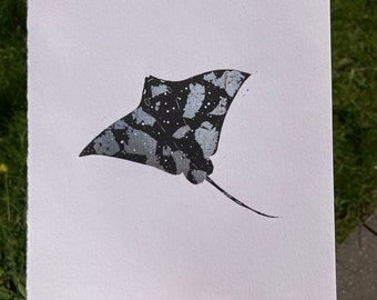 Silver leaf original linocut print spotted eagle ray fish