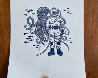 Original linocut art print, Octopus and diver