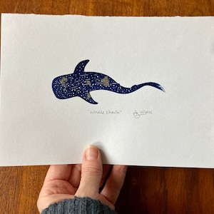 Whale shark original linocut print, with silver leaf embellishment