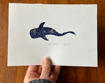 Whale shark original linocut print, with silver leaf embellishment