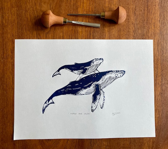 Humpback Whale Mother and Calf, Original Linocut Art Print - Etsy