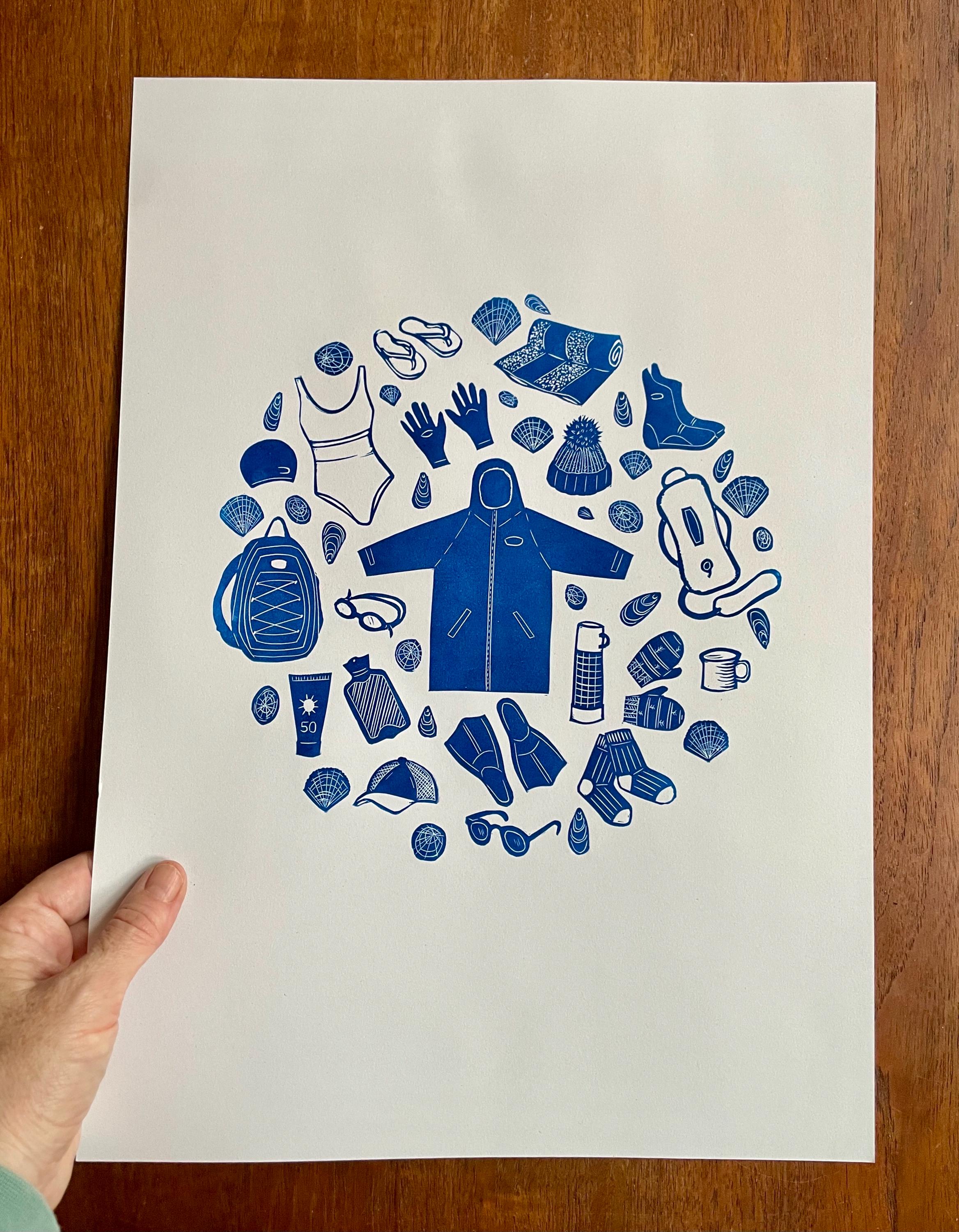 Swimming essentials, original linocut art print, wild swimming