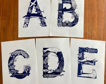 Ocean Alphabet, original art linocut prints, sea creatures, whales, sharks, crabs, fish, shells, seaweed