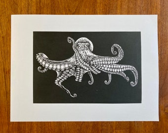 Octopus linocut print, titled Transcending Gravity, limited edition original linocut art print