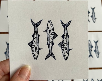Three Fish Mackerel linocut art print,