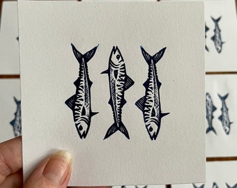 Three Fish Mackerel linocut art print,