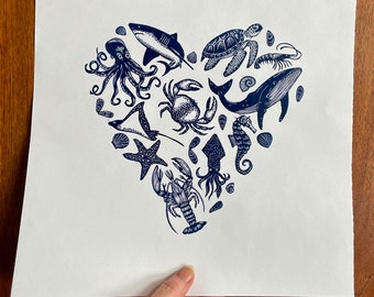 Ocean Heart linocut art print
