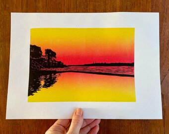 Sunrise at Devils Point, original linocut art print