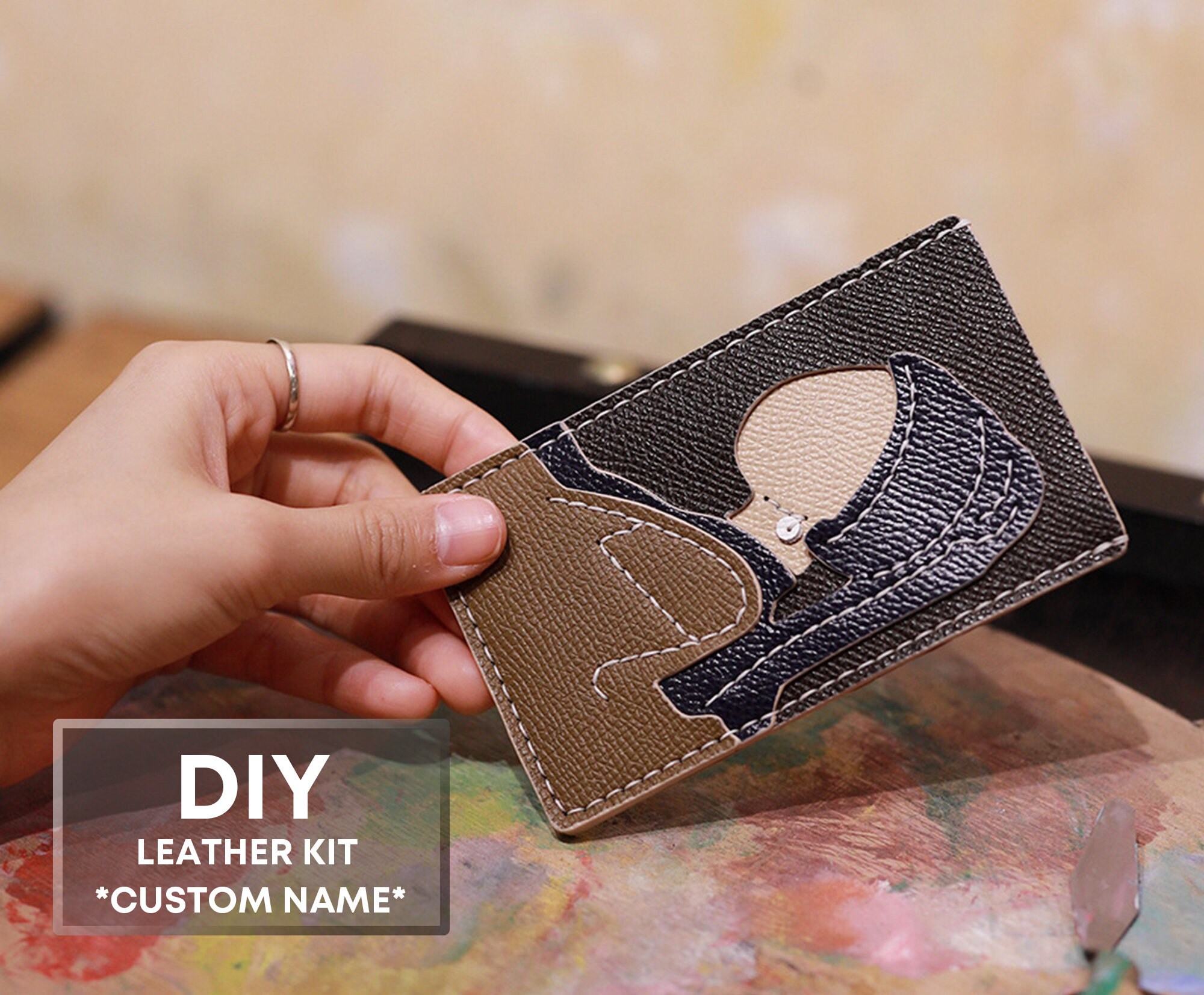 DIY Leather Wallet Kit with Art Painting Custom Name Etsy