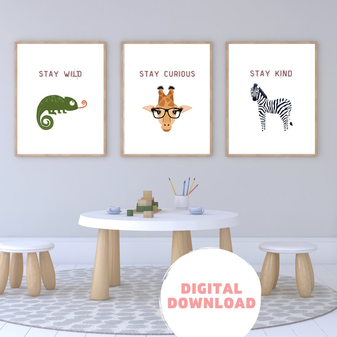 DIGITAL Set of 3 Cute Animal Wall Art Bright Kids Wall Art Etsy