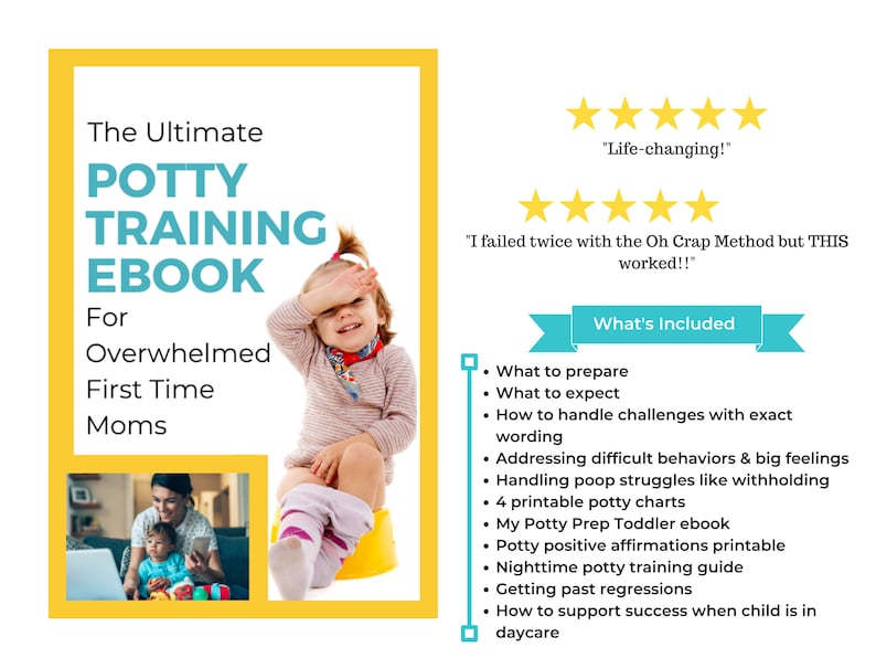 May include: A yellow and blue ebook cover with the title "The Ultimate Potty Training Ebook" for "Overwhelmed First Time Moms". The cover features a young girl sitting on a yellow potty and a smaller image of a mother and child using a laptop.