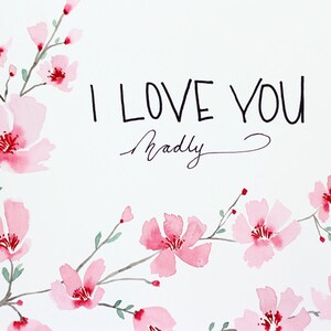 Vibrant Watercolor Painting For Nursery Baby's Room Cherry Blossoms Red Pink Floral Flowers I Love You