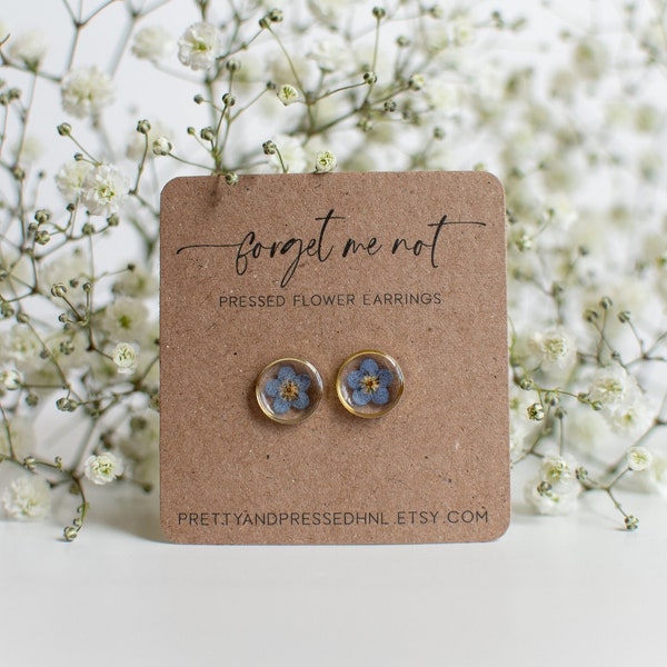 Forget Me Not Earrings Studs, Gold Tiny Flower Stud Earrings, Real Flower Earrings Resin, Loss Of Child Memorial Gift, Blue Flower Earrings