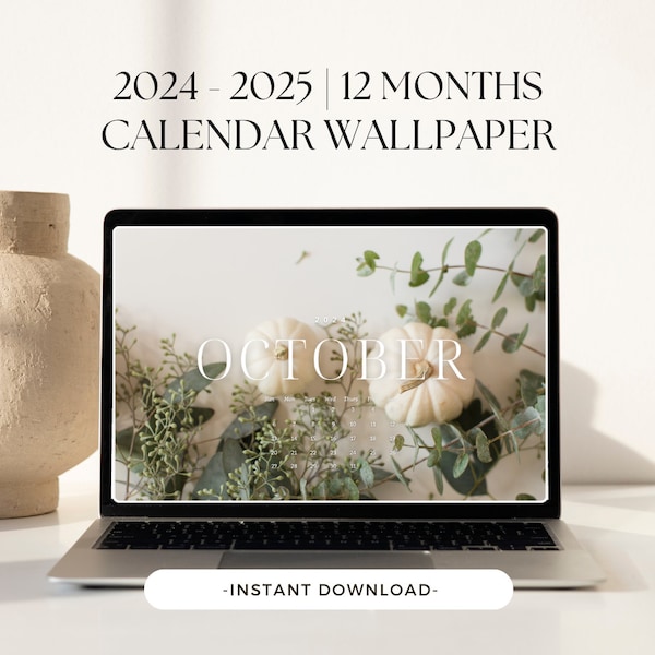 Desktop Wallpaper Calendar, 12 Month Calendar, 2024-2025 Monthly Calendar, Seasonal Theme, Desktop Wallpaper, Desktop, Seasonal