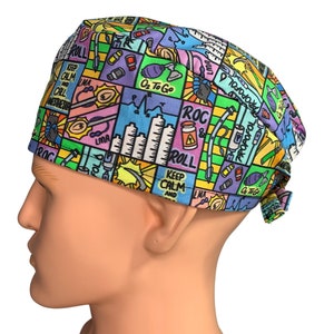May include: A colorful surgical scrub hat with a comic book style design featuring medical terms and illustrations. The hat is made of a soft, breathable fabric and is perfect for nurses, doctors, and other medical professionals.