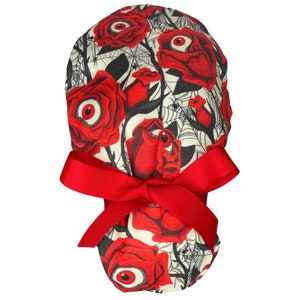Louis + Phil Roses and Eyeballs Halloween Ribbon Tie Ponytail Scrub Cap
