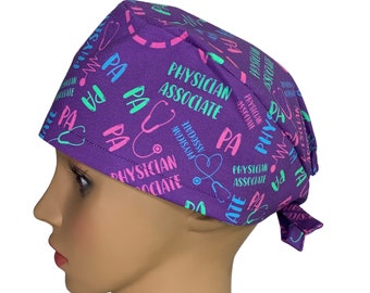 Physician Associate Men's Scrub Cap, PA, Women's Ponytail Scrub Hat Buttons. Physician Assistant Euro Surgical Cap. Louis and Phil.