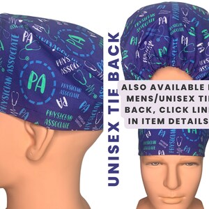 May include: Blue and green patterned scrub hat with the text "Physician Associate" and "PA" repeated throughout. The hat is shown on a model with the back of the hat visible.