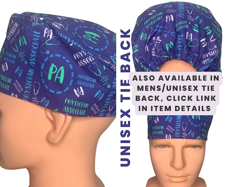May include: Blue and green patterned scrub hat with the text "Physician Associate" and "PA" repeated throughout. The hat is shown on a model with the back of the hat visible.