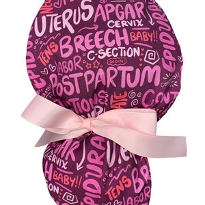 Women's Ponytail OB/GYN Words Scrub Cap, Labor Delivery Scrub Hat, Option for Euro, Men's Surgical Cap, Buttons. Nurse Gift Louis + Phil