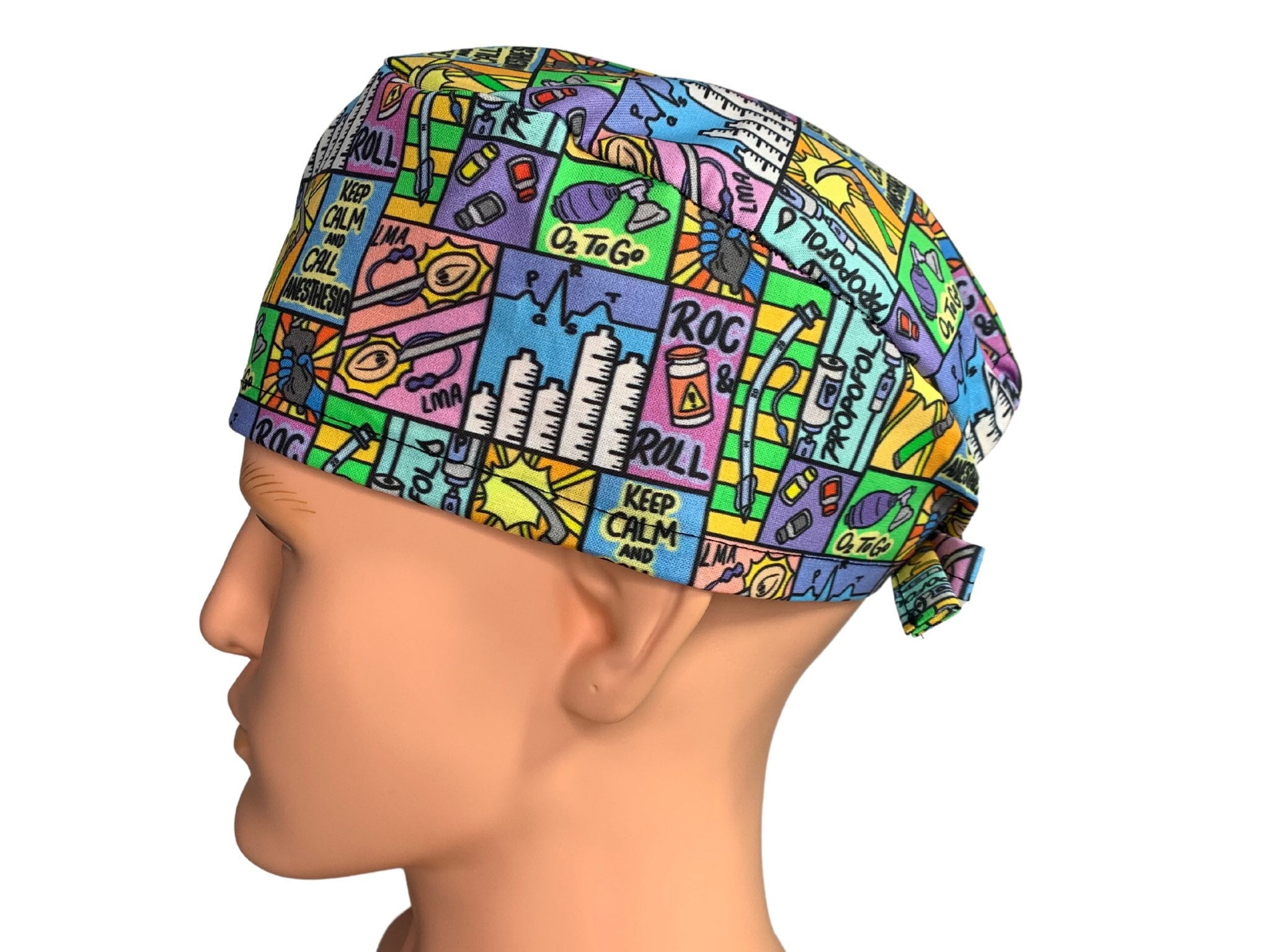 Louis + Phil Anesthesia Comic Men's/Unisex Tie Back Scrub Cap