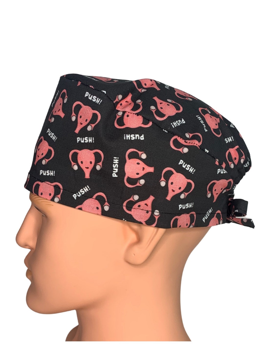 Black Uterus Push OB/GYN Scrub Cap. Mens Surgical Cap , Euro Scrub Cap