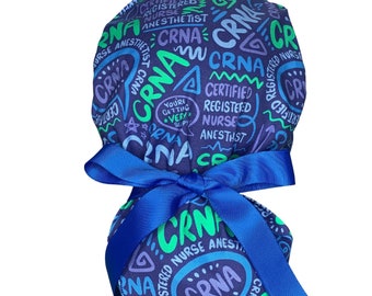 CRNA Scrub Cap, Ribbon tie Ponytail, Euro or Unisex Scrub Hat. Optional buttons. OR Scrub Cap. Louis and Phil. Anesthesia Surgical Cap