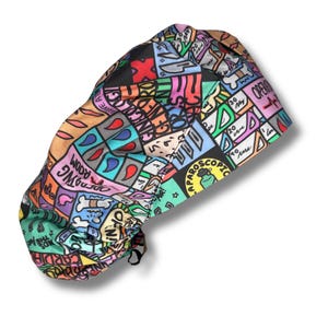 Gorro quirúrgico con diseño de cómic de Louis + Phil para quirófano