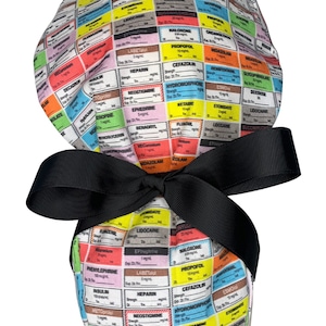 Louis + Phil Pharmacy Labels Anesthesia Ribbon Tie Ponytail Scrub Cap