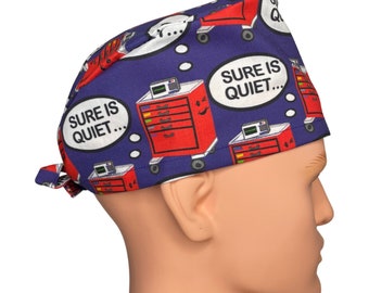 Sure is Quiet Men's Tieback Scrub Cap. Women’s Ponytail Scrub Cap, Euro Surgical cap. Nurse Cap, Funny Scrub Hat buttons. Louis and Phil