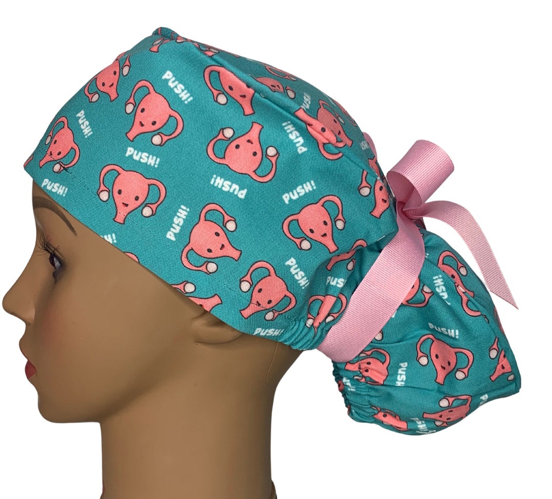 Teal Uterus Push OB/GYN Scrub Cap. Labor and Delivery Women's Ponytail