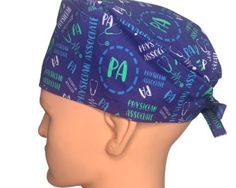 Physician Associate Men's Scrub Cap, PA, Women's Ponytail Scrub Hat Buttons. Physician Assistant Euro Surgical Cap. Louis and Phil.