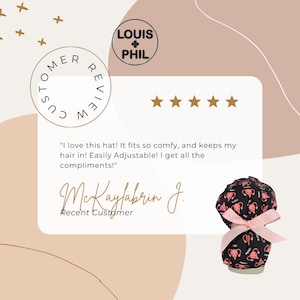 May include: A customer review for a black shower cap with a pink ribbon and a white uterus graphic print. The review reads "I love this hat! It fits so comfy, and keeps my hair in! Easily Adjustable! I get all the compliments!" - McKaylabrin J. Recent Customer.