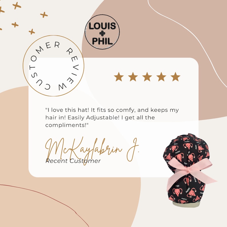 May include: A customer review for a black shower cap with a pink ribbon and a white uterus graphic print. The review reads "I love this hat! It fits so comfy, and keeps my hair in! Easily Adjustable! I get all the compliments!" - McKaylabrin J. Recent Customer.
