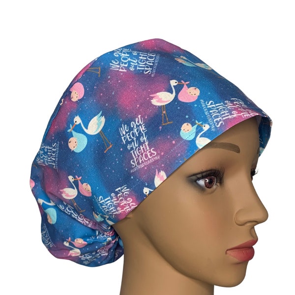 Stork Labor and Delivery Euro Scrub Cap, OB/GYN Women's Ponytail, Men's Scrub Hat Optional Buttons. Women's Health Scrub Cap. Louis and Phil