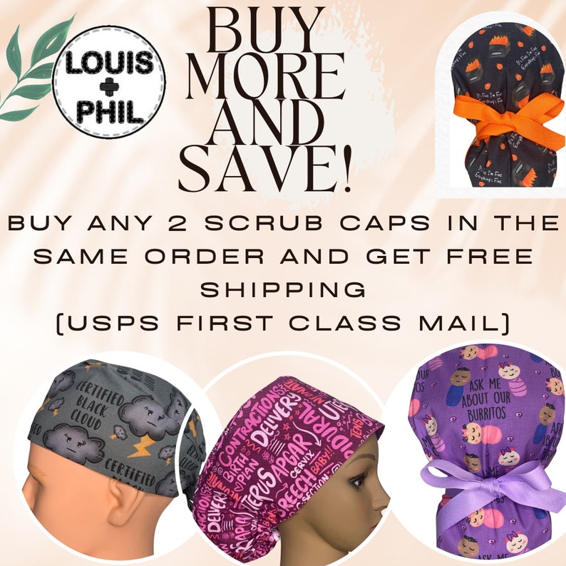 May include: Three different scrub caps with colorful patterns. The first cap is gray with a black cloud and the words "Certified Black Cloud Certified". The second cap is pink with white text that says "Contractions Deliver Birth Plan Terusapgar Cervix Breech Baby". The third cap is purple with a pattern of cartoon babies and the words "Ask me about our burritos".