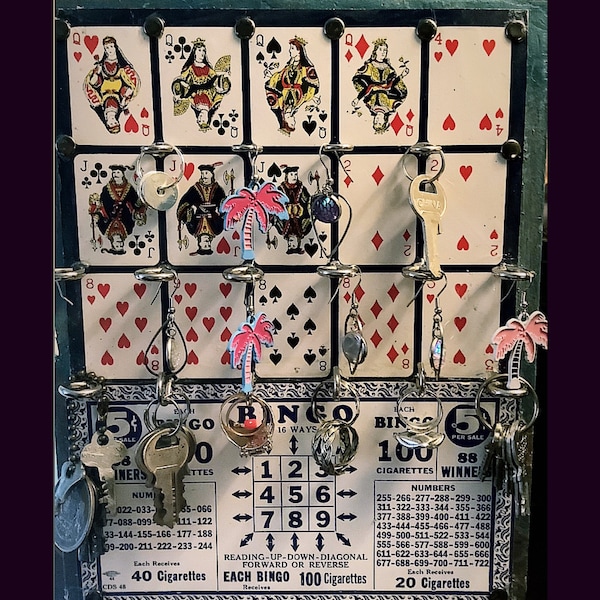 Vintage Punch Board and Poker Keno Jewelry Display or Key Rack, One of a kind Functional Art