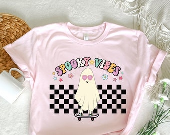 Spooky Vibes Ghost Skater T-Shirt - Retro Halloween Tee
