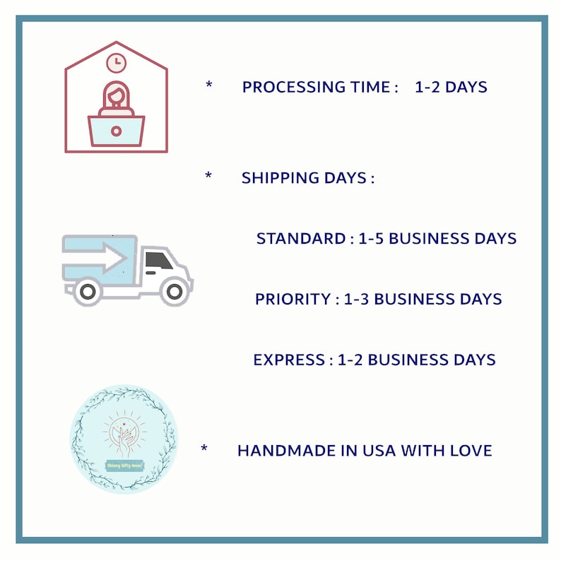 May include: Illustration of a computer with a person working at it, a delivery truck, and a circle with a hand holding a heart. The text reads "PROCESSING TIME: 1-2 DAYS", "SHIPPING DAYS: STANDARD: 1-5 BUSINESS DAYS, PRIORITY: 1-3 BUSINESS DAYS, EXPRESS: 1-2 BUSINESS DAYS", and "HANDMADE IN USA WITH LOVE".