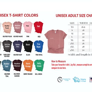 Pode incluir: Tabela de tamanhos de camiseta unissex com medidas em polegadas. A tabela mostra a largura e o comprimento das camisetas nos tamanhos XS a 4XL. A imagem tamb&eacute;m mostra uma variedade de cores de camisetas, incluindo branco, p&ecirc;ssego mesclado, malva mesclado, rosa, vermelho, mesclado atl&eacute;tico, mesclado cinza escuro, azul marinho mesclado, preto, azul royal, floresta mesclado, azul-petr&oacute;leo mesclado, vinho mesclado, laranja queimado e verde kelly.
