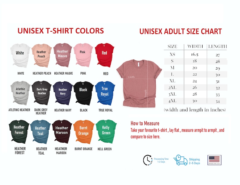 Pode incluir: Tabela de tamanhos de camiseta unissex com medidas em polegadas. A tabela mostra a largura e o comprimento das camisetas nos tamanhos XS a 4XL. A imagem tamb&eacute;m mostra uma variedade de cores de camisetas, incluindo branco, p&ecirc;ssego mesclado, malva mesclado, rosa, vermelho, mesclado atl&eacute;tico, mesclado cinza escuro, azul marinho mesclado, preto, azul royal, floresta mesclado, azul-petr&oacute;leo mesclado, vinho mesclado, laranja queimado e verde kelly.