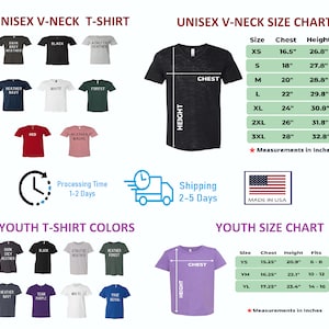 May include: Unisex V-neck t-shirt size chart with measurements in inches. Youth t-shirt size chart with measurements in inches.  The chart shows the chest and height measurements for each size.  The t-shirts are available in a variety of colors, including dark grey heather, black, athletic heather, heather navy, white, forest, red, heather mauve, dark grey heather, black, athletic heather, forest heather, heather navy, team purple, white, and true royal.