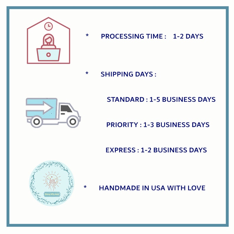 May include: Illustration of a computer with a person working at it, a delivery truck, and a circle with a hand holding a heart. The text reads "PROCESSING TIME: 1-2 DAYS", "SHIPPING DAYS: STANDARD: 1-5 BUSINESS DAYS, PRIORITY: 1-3 BUSINESS DAYS, EXPRESS: 1-2 BUSINESS DAYS", and "HANDMADE IN USA WITH LOVE".