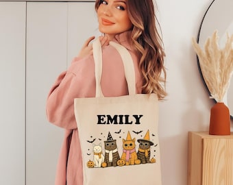 Personalized Halloween Canvas Tote Bag: Cat Castle, Skeleton, Ghost