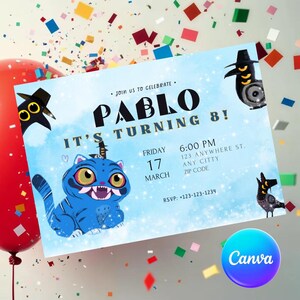 May include: A light blue birthday invitation with the name "PABLO" in large black letters. The invitation includes the text "IT'S TURNING 8!" and features cartoon illustrations of a blue cat and other whimsical characters. Confetti and a red balloon are in the background.
