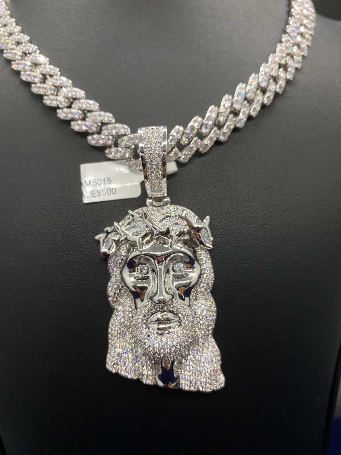 Iced Out Cuban Link Chain With Jesus Charm Etsy