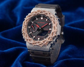 Diamond G-Shock Bezel | Iced Out Bustdown G-Shock Watch | Natural Diamond Crown Design | Custom Rose Gold Accent