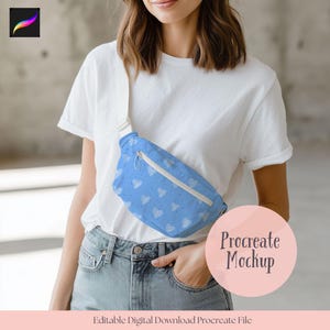 May include: A light blue fanny pack with a white zipper and strap, patterned with white hearts and clouds. The fanny pack is worn across the body. The image also includes the text "Procreate Mockup" and "Editable Digital Download Procreate File".